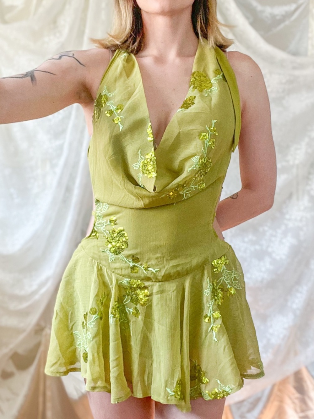 Chartreuse Sequin Woodland Fairy Halter Mini Dress